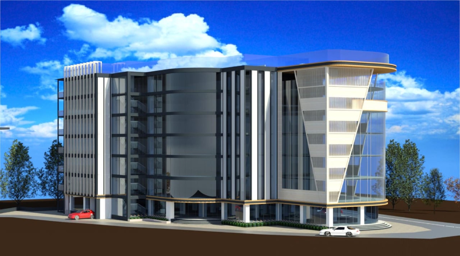 Red Pagoda commercial development — sculptural glass façade